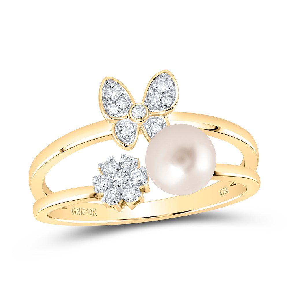 10K Yellow Gold Diamond Pearl Butterfly Women's Ring 1/6 Cttw - Splendid Jewellery