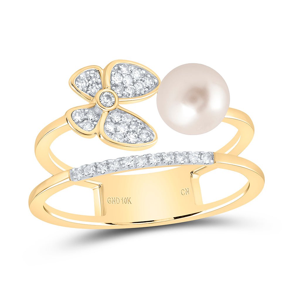 10K Yellow Gold Diamond Pearl Butterfly Women's Ring 1/6 Cttw - Splendid Jewellery