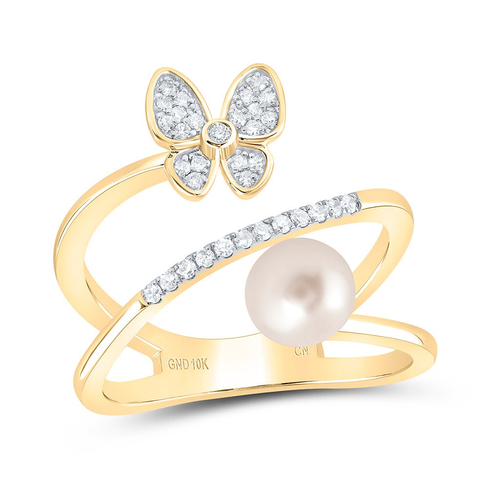 10K Yellow Gold Diamond Pearl Butterfly Women's Ring 1/6 Cttw - Splendid Jewellery