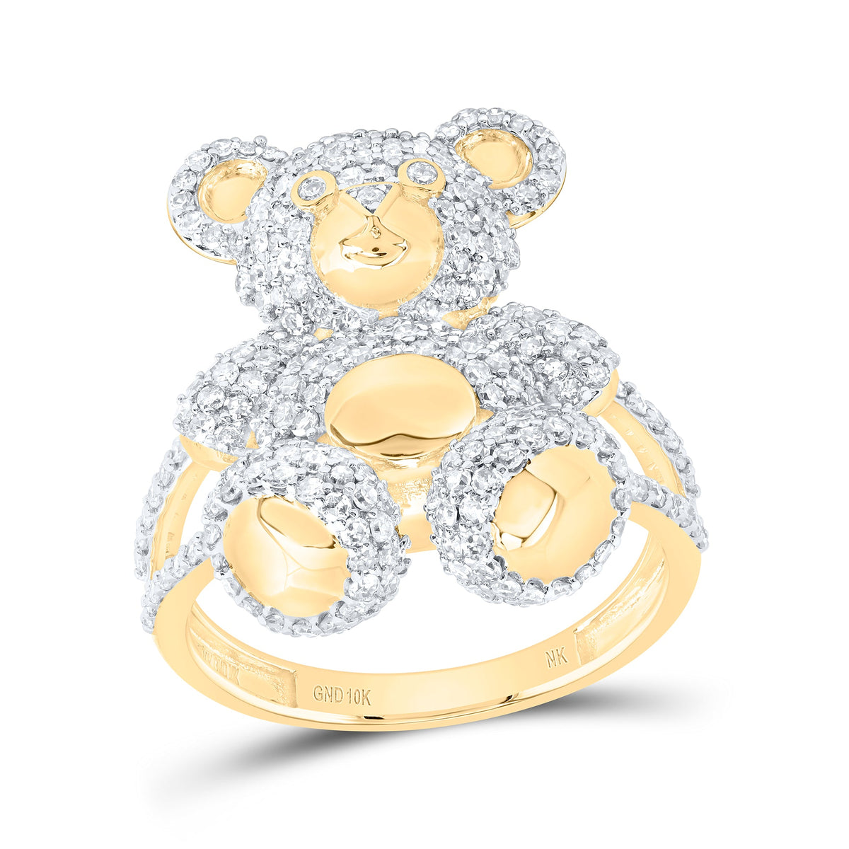 10K Yellow Gold Diamond Teddy Bear Women's Ring 1 1/2 Cttw - Splendid Jewellery