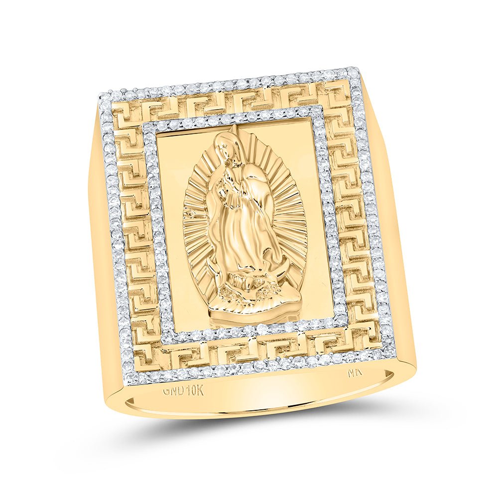 10K Yellow Gold Diamond Virgin Mary Men's Ring 1.00 Inch Version 1/2 Cttw - Splendid Jewellery