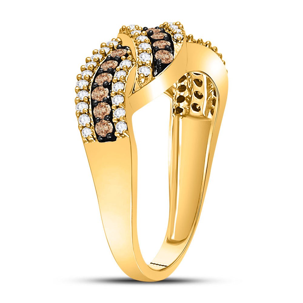 10K Yellow Gold Round Brown Diamond Women's Brown Crossover Band Ring 3/4 Cttw - Splendid Jewellery