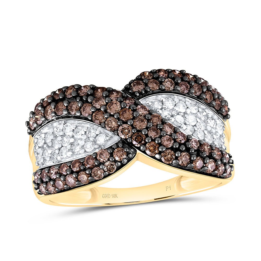 10K Yellow Gold Round Brown Diamond Women's Brown Crossover Stripe Band Ring 1 Cttw - Splendid Jewellery