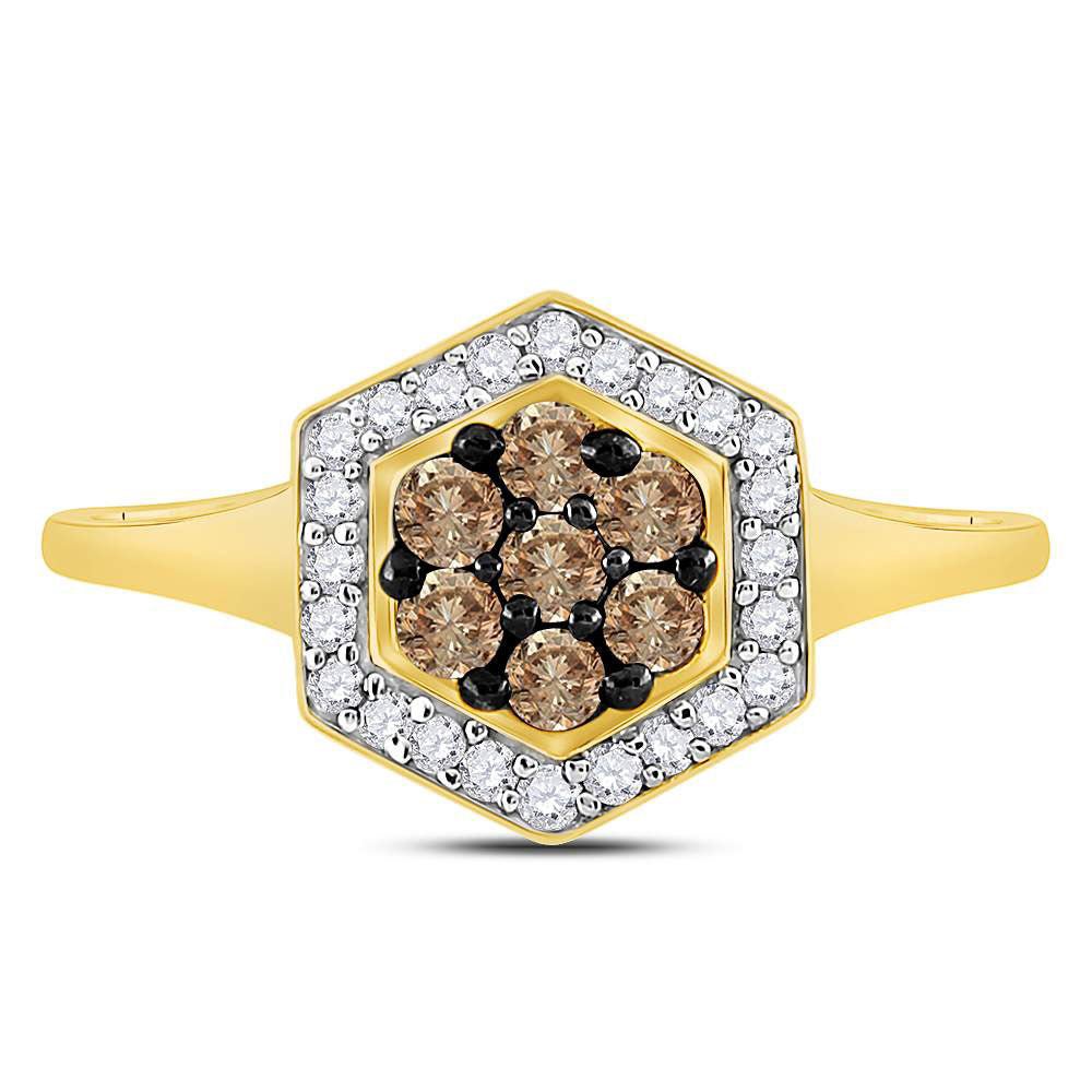 10K Yellow Gold Round Brown Diamond Women's Brown Polygon Cluster Ring 1/2 Cttw - Splendid Jewellery