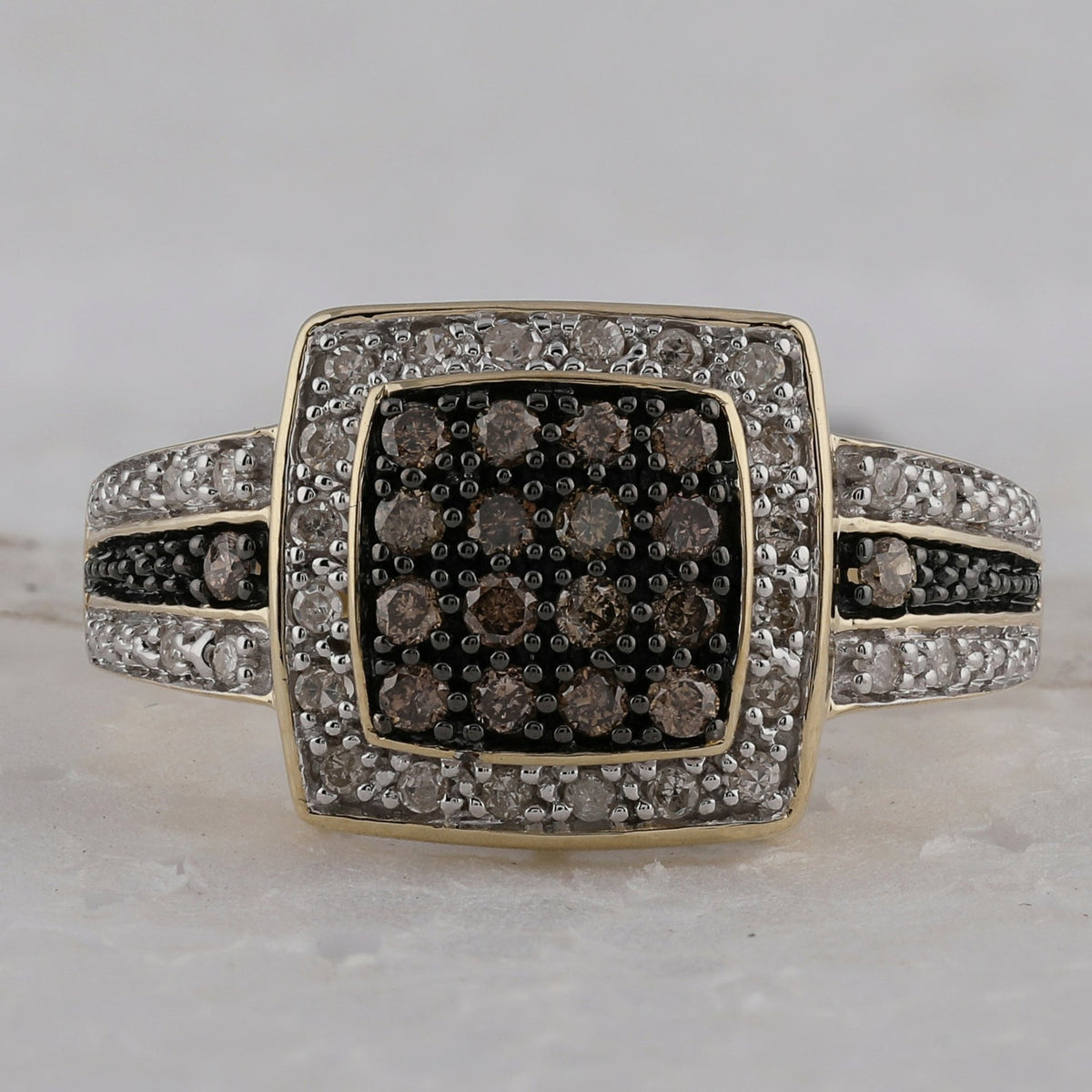 10K Yellow Gold Round Brown Diamond Women's Brown Square Cluster Ring 1/2 Cttw - Splendid Jewellery
