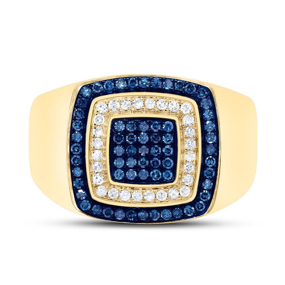10K Yellow Gold Round Colored Blue Diamond Mens Ring 3/4 Cttw - Splendid Jewellery