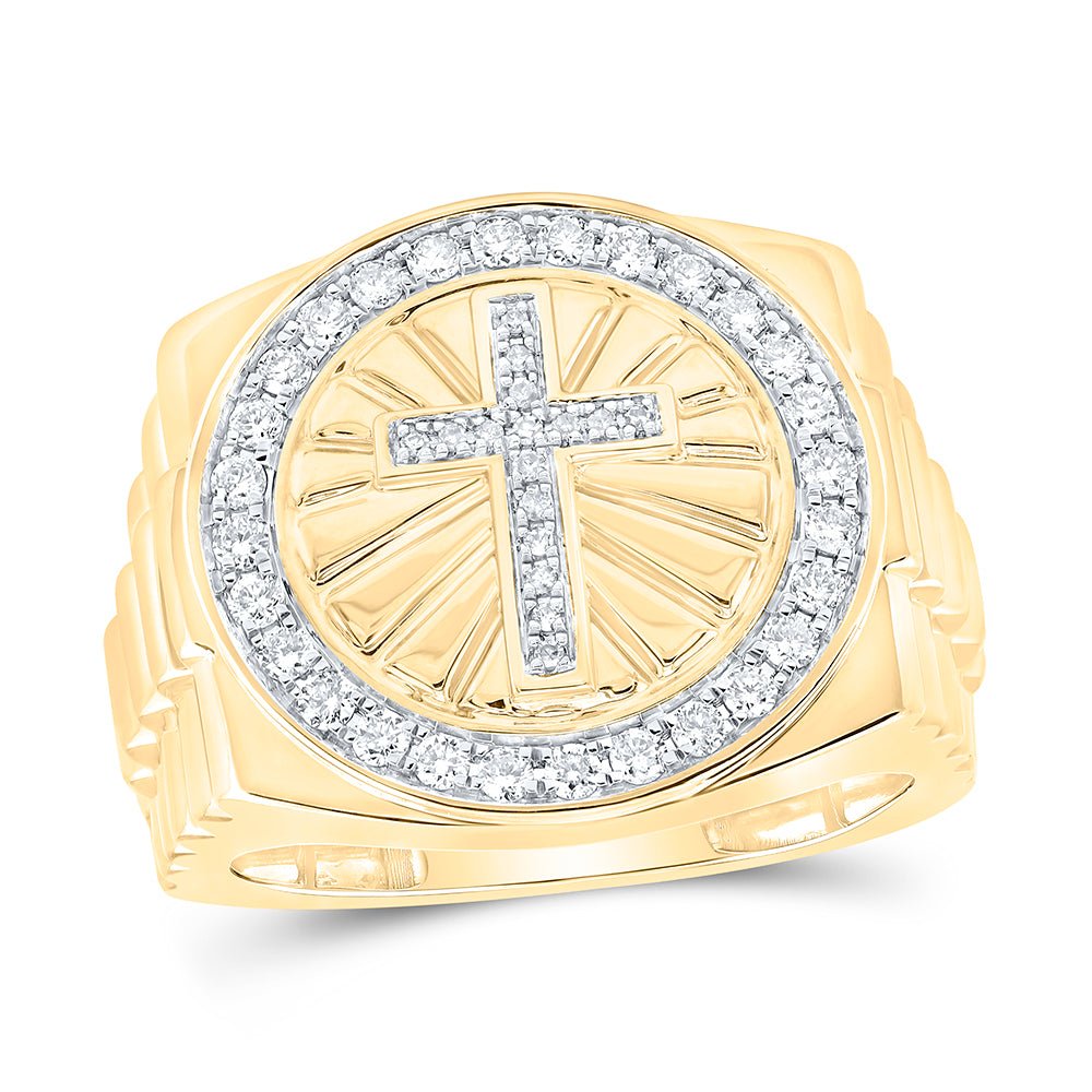 10K Yellow Gold Round Diamond Cross Mens Ring 1/2 Cttw - Splendid Jewellery