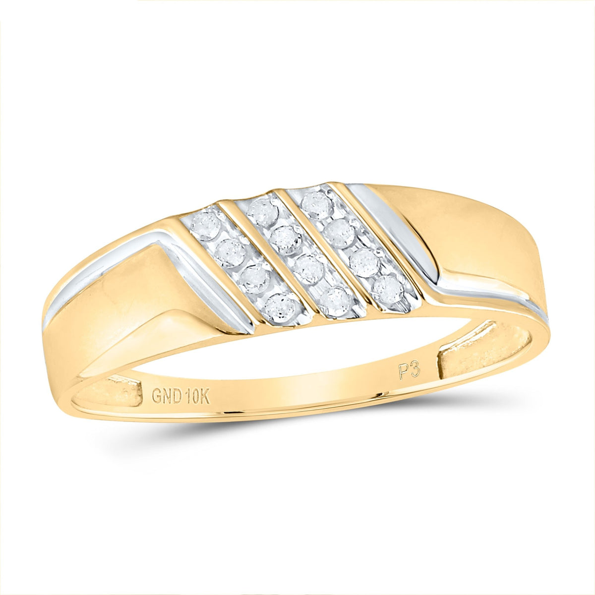 10K Yellow Gold Round Diamond Men's Channel Set Diagonal Triple Row Wedding Band - Splendid Jewellery