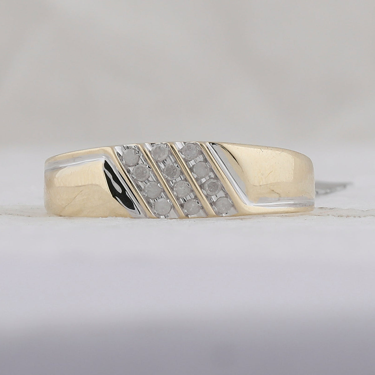 10K Yellow Gold Round Diamond Men's Channel Set Diagonal Triple Row Wedding Band - Splendid Jewellery