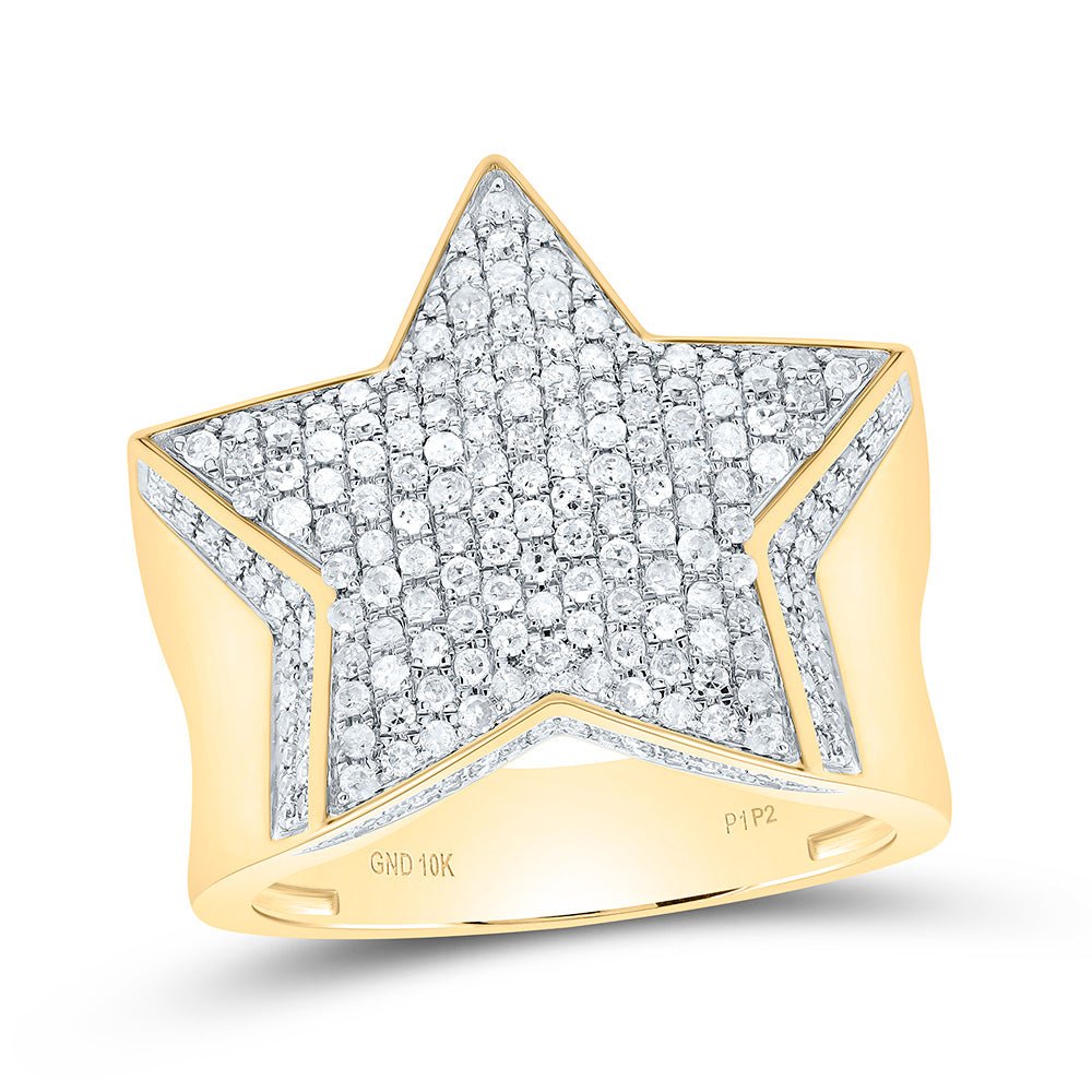 10K Yellow Gold Round Diamond Mens Statement Star Ring 1 - 1 1/2 Cttw - Splendid Jewellery