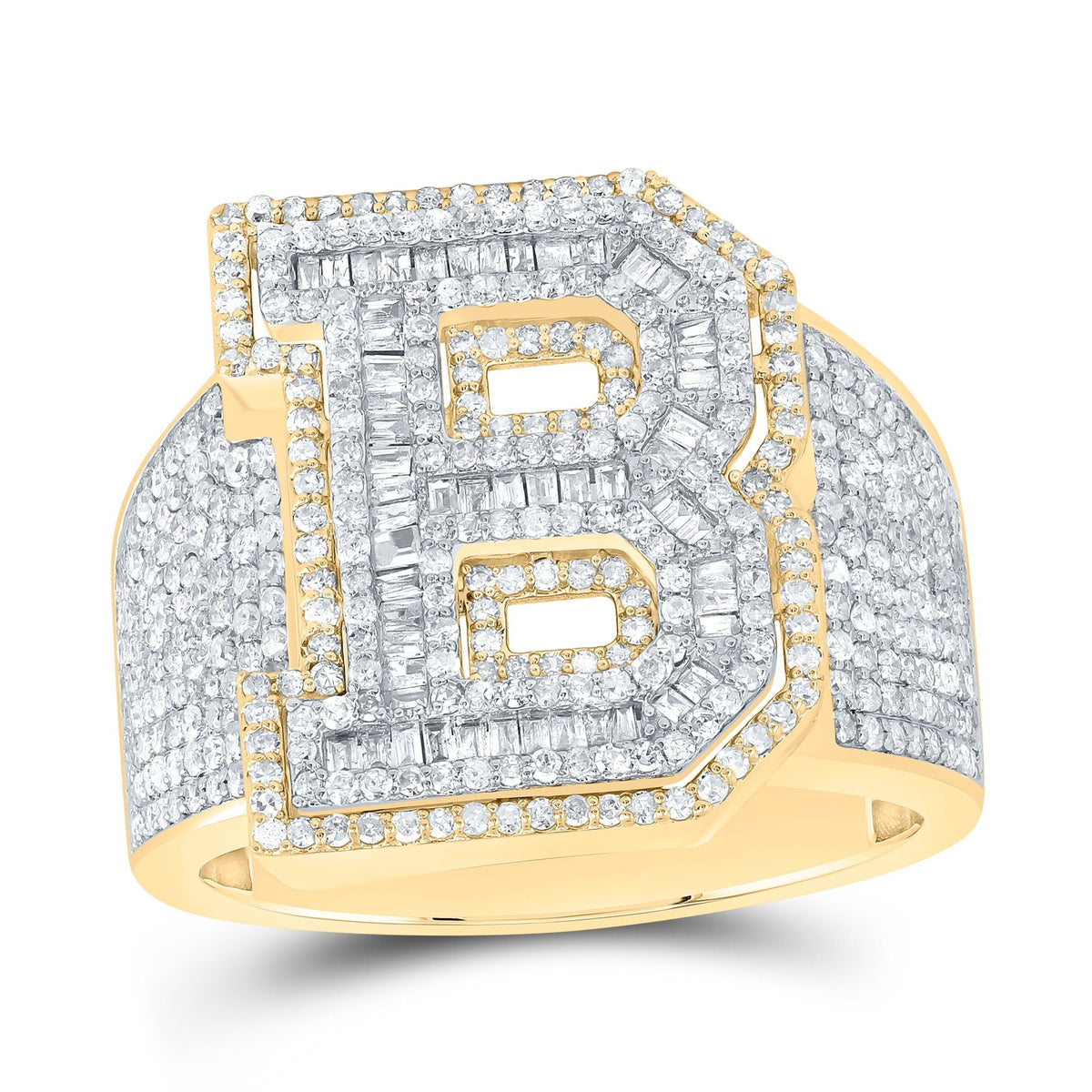 10K Yellow White Diamond Initial "B" Men's Ring 1 5/8 Cttw - Splendid Jewellery