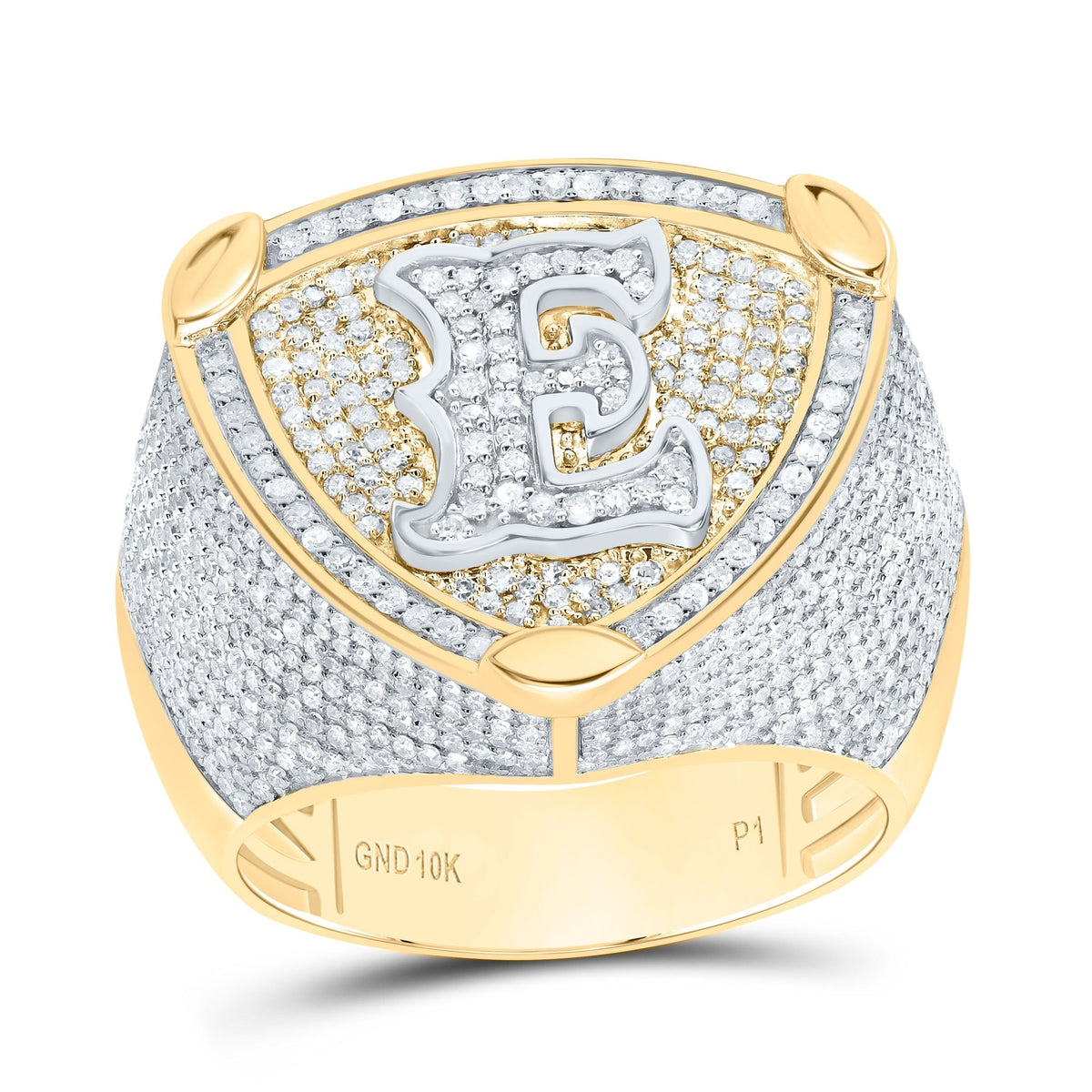 10K Yellow White Diamond Initial "E" Men's Ring 2 Cttw - Splendid Jewellery