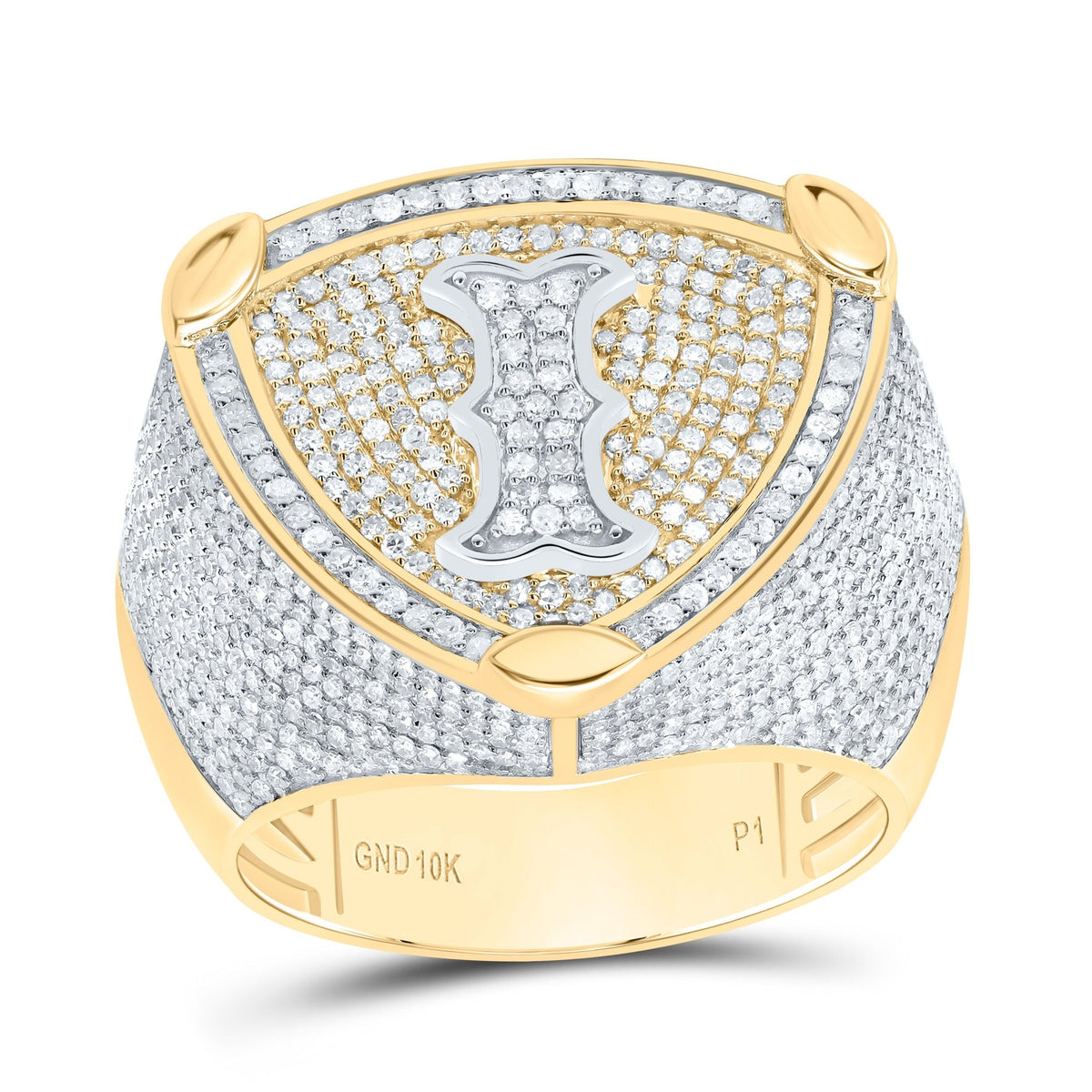 10K Yellow White Diamond Initial "I" Men's Ring 2.00 Cttw - Splendid Jewellery