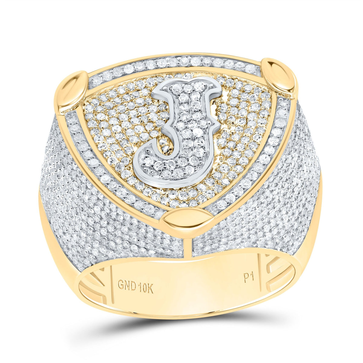 10K Yellow White Diamond Initial "J" Men's Ring 2 Cttw - Splendid Jewellery