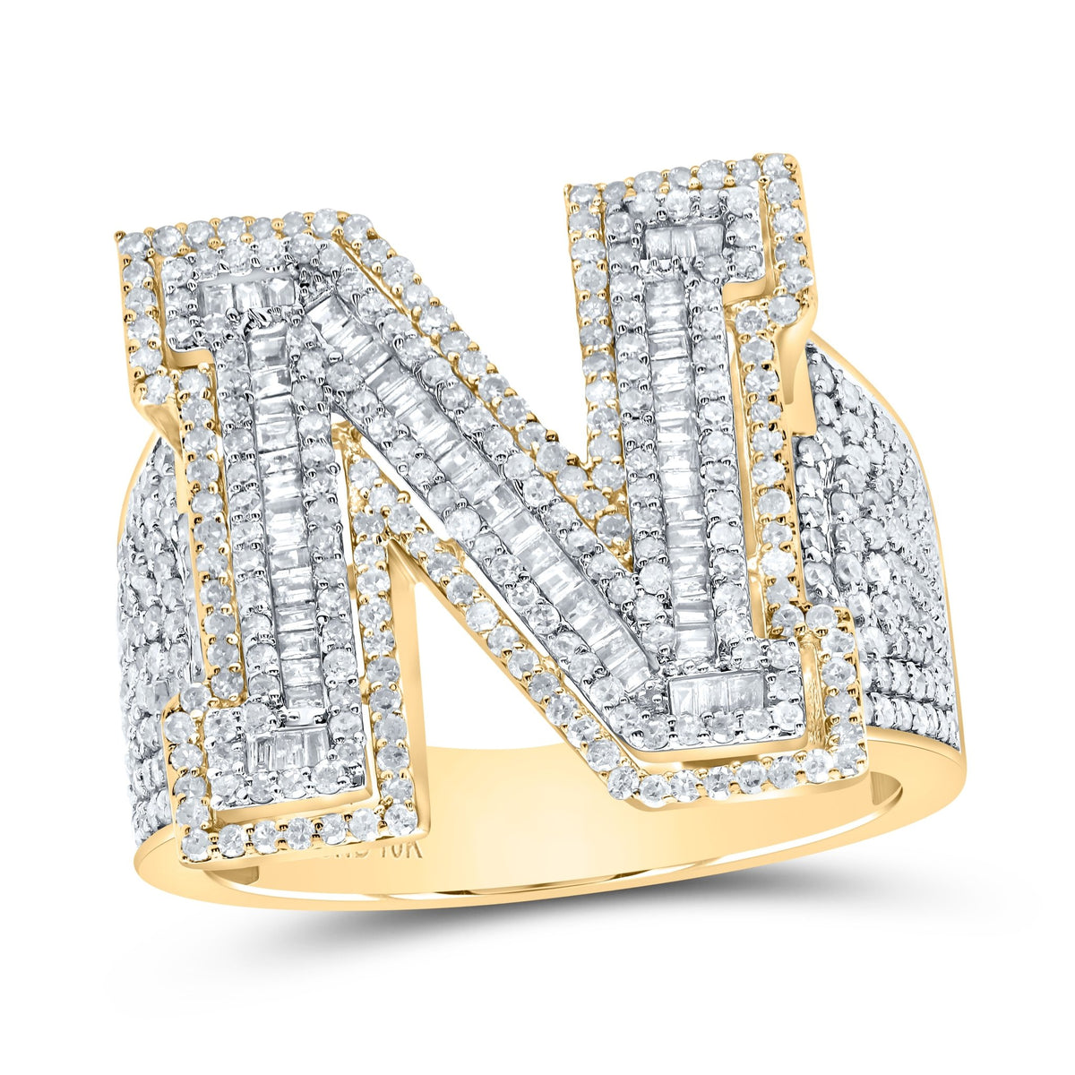 10K Yellow White Diamond Initial "N" Men's Ring 1 5/8 Cttw - Splendid Jewellery