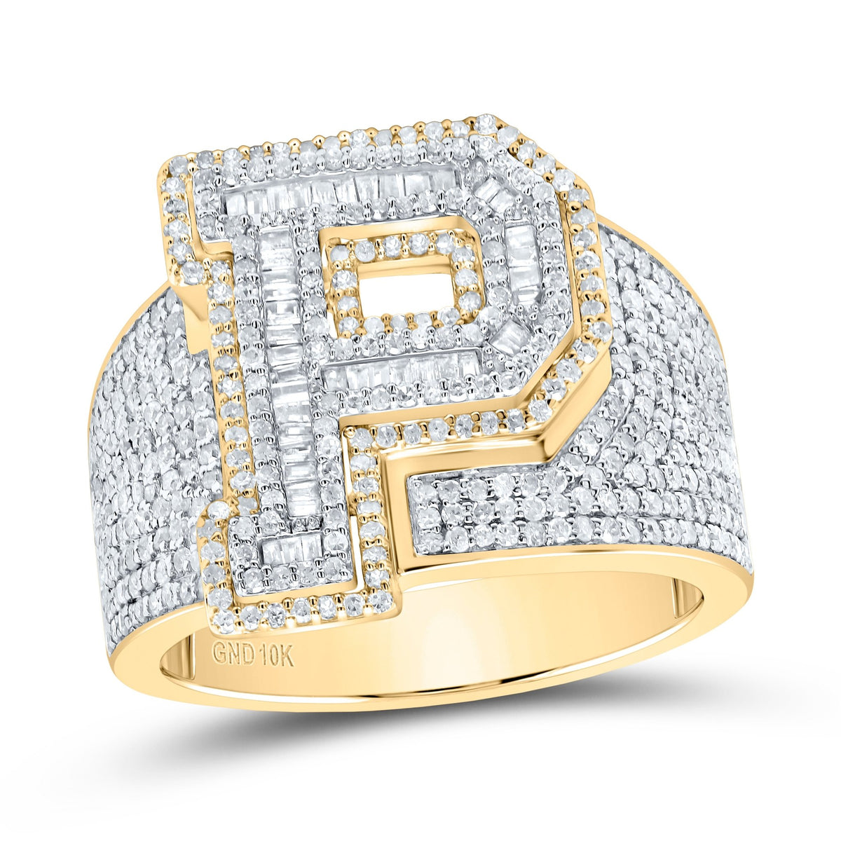 10K Yellow White Diamond Initial "P" Men's Ring 1 5/8 Cttw - Splendid Jewellery