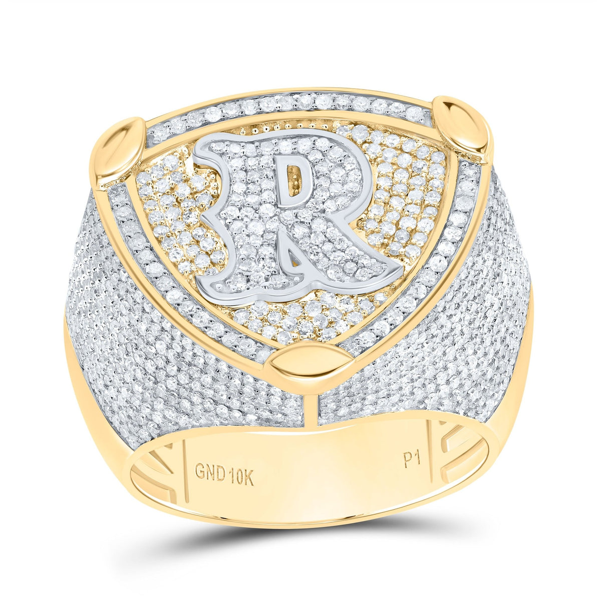 10K Yellow White Diamond Initial "R" Men's Ring 2 Cttw - Splendid Jewellery
