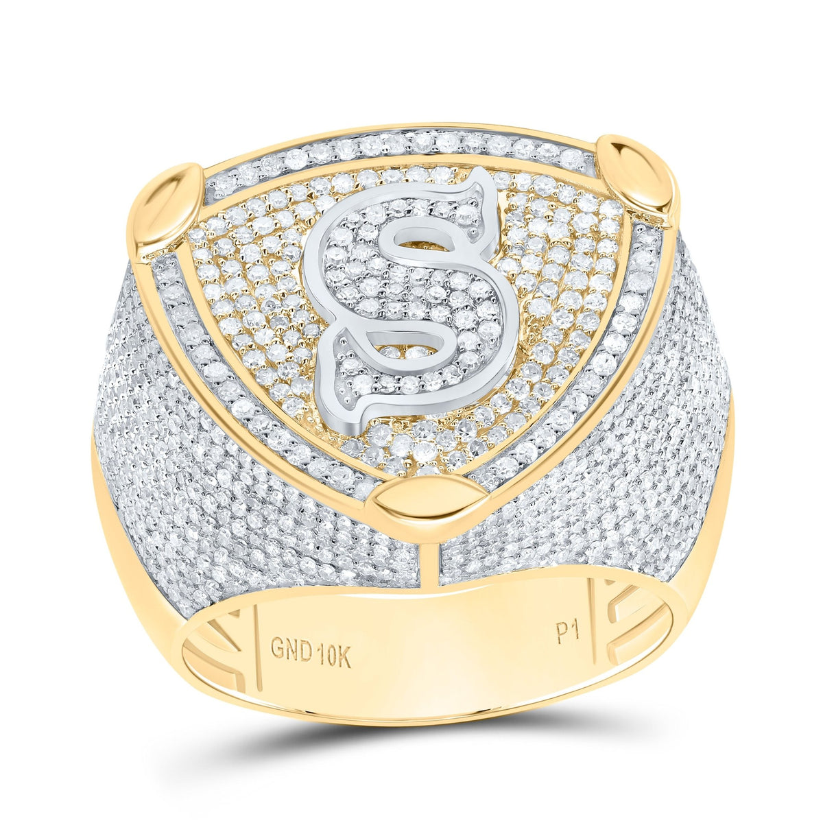 10K Yellow White Diamond Initial "S" Men's Ring 2 Cttw - Splendid Jewellery
