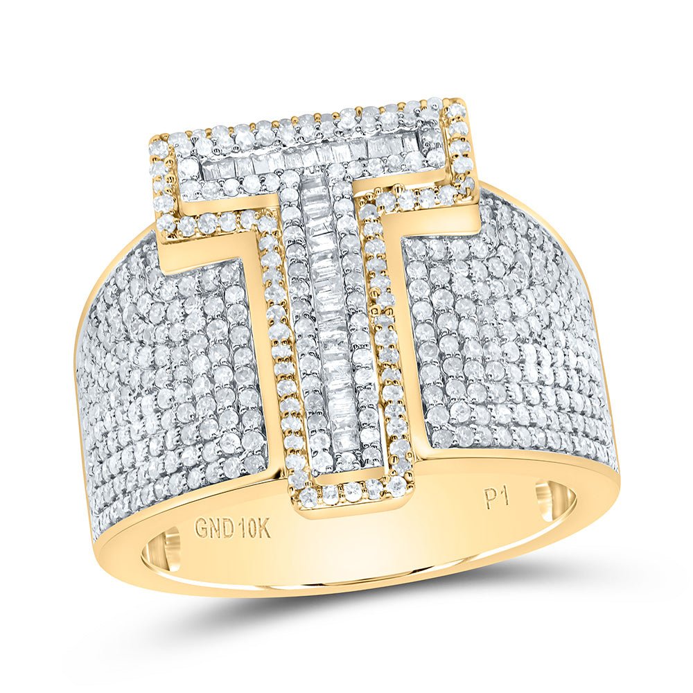 10K Yellow White Diamond Initial "T" Men's Ring 1 5/8 Cttw - Splendid Jewellery