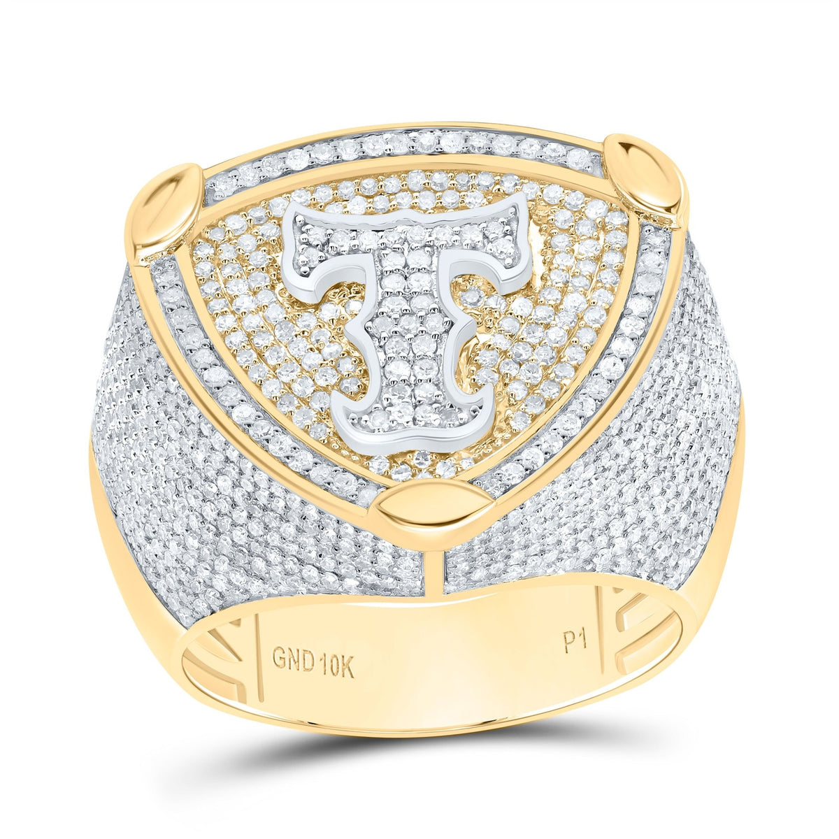 10K Yellow White Diamond Initial "T" Men's Ring 2 Cttw - Splendid Jewellery