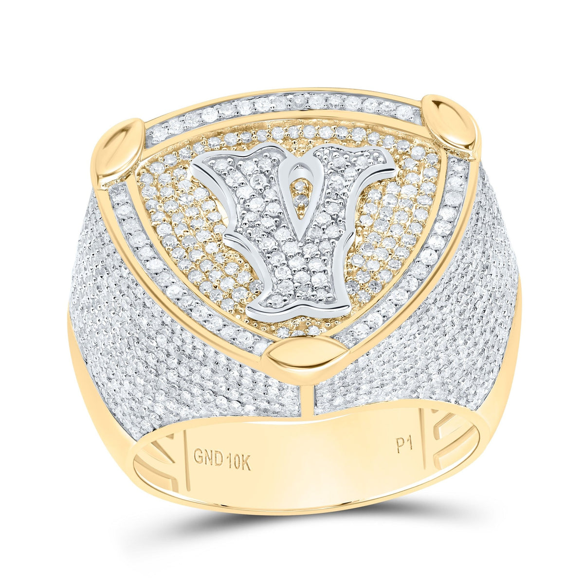 10K Yellow White Diamond Initial "V" Men's Ring 2 Cttw - Splendid Jewellery