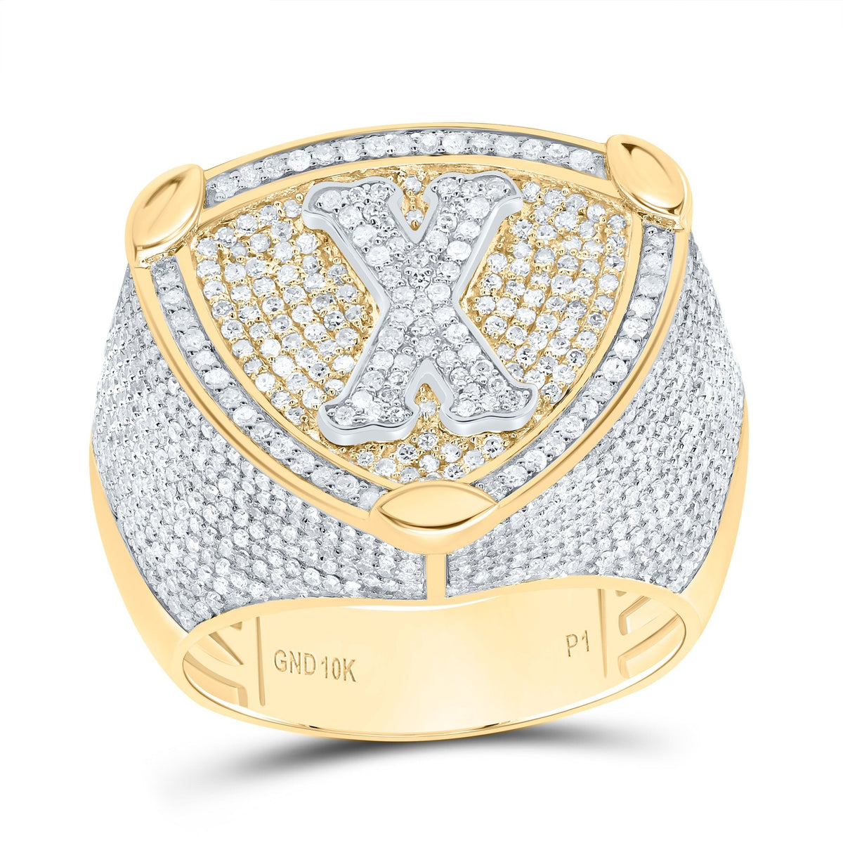 10K Yellow White Diamond Initial "X" Men's Ring 2.00 Cttw - Splendid Jewellery