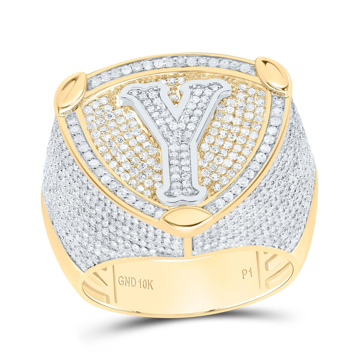 10K Yellow White Diamond Initial "Y" Men's Ring 1 7/8 Cttw - Splendid Jewellery
