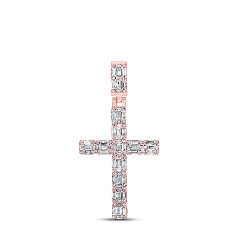 10kt Rose Gold Baguette and Round Diamond Cross Pendant - 1 - 3/4 Cttw - Splendid Jewellery
