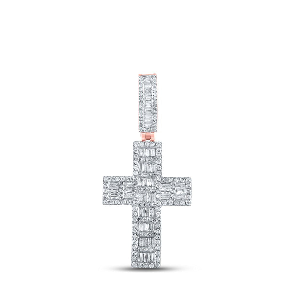 10kt Rose Gold Baguette and Round Diamond Cross Pendant - 1 - 5/8 Cttw - Splendid Jewellery