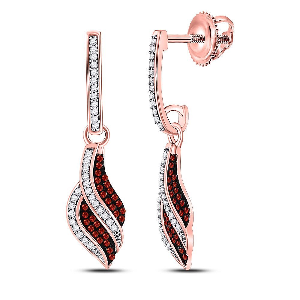 10kt Rose Gold Womens Round Red Color Enhanced Diamond Dangle Earrings 1/3 Cttw - Radiant Crimson Sparklers - Splendid Jewellery
