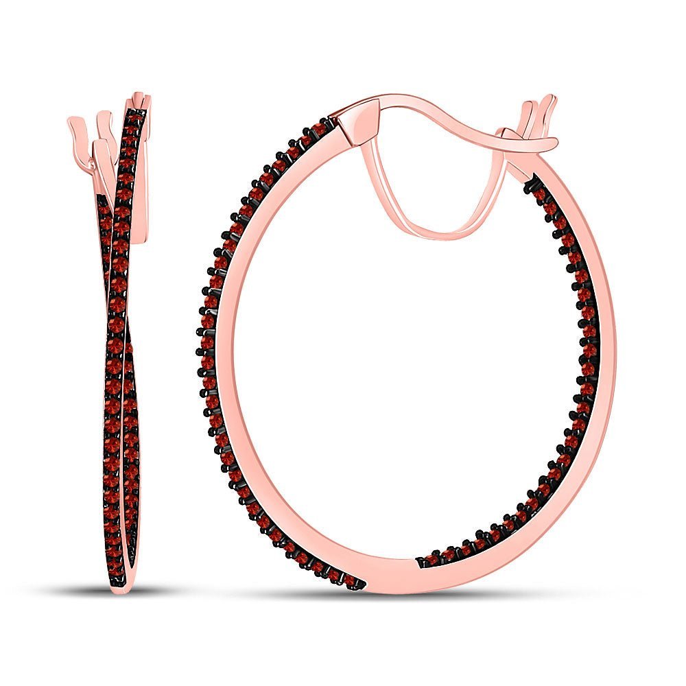 10kt Rose Gold Womens Round Red Color Enhanced Diamond Hoop Earrings 1/3 Cttw | Fiery Radiance Earrings - Splendid Jewellery