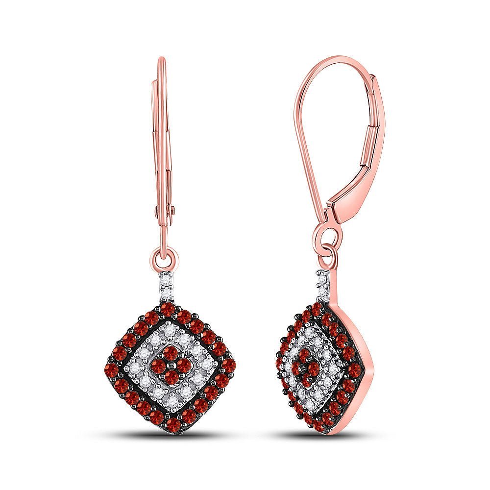 10kt Rose Gold Womens Round Red Color Enhanced Diamond Square Dangle Earrings 1/2 Cttw | Radiant Crimson Sparkle - Splendid Jewellery