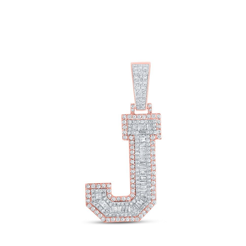 10kt Two - tone Gold Baguette Diamond J Initial Charm Pendant for Men - 1 - 3/8 Cttw - Splendid Jewellery