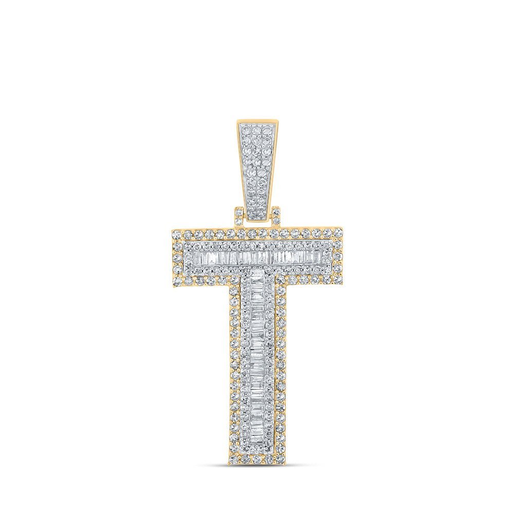 10kt Two - tone Gold Mens Baguette Diamond T Initial Letter Charm Pendant - A Dazzling Statement Piece for Men - Splendid Jewellery