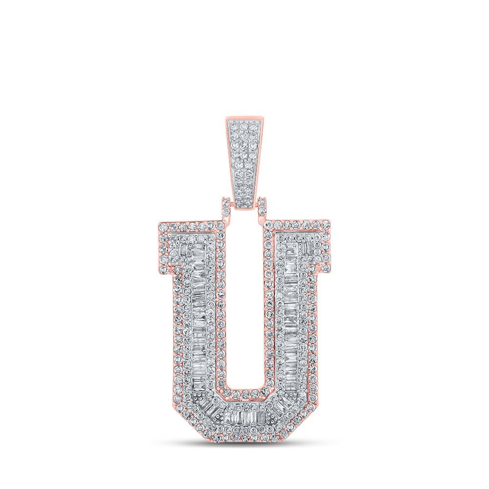 10kt Two - tone Gold Mens Baguette Diamond U Initial Letter Charm Pendant 1 - 7/8 Cttw - Splendid Jewellery