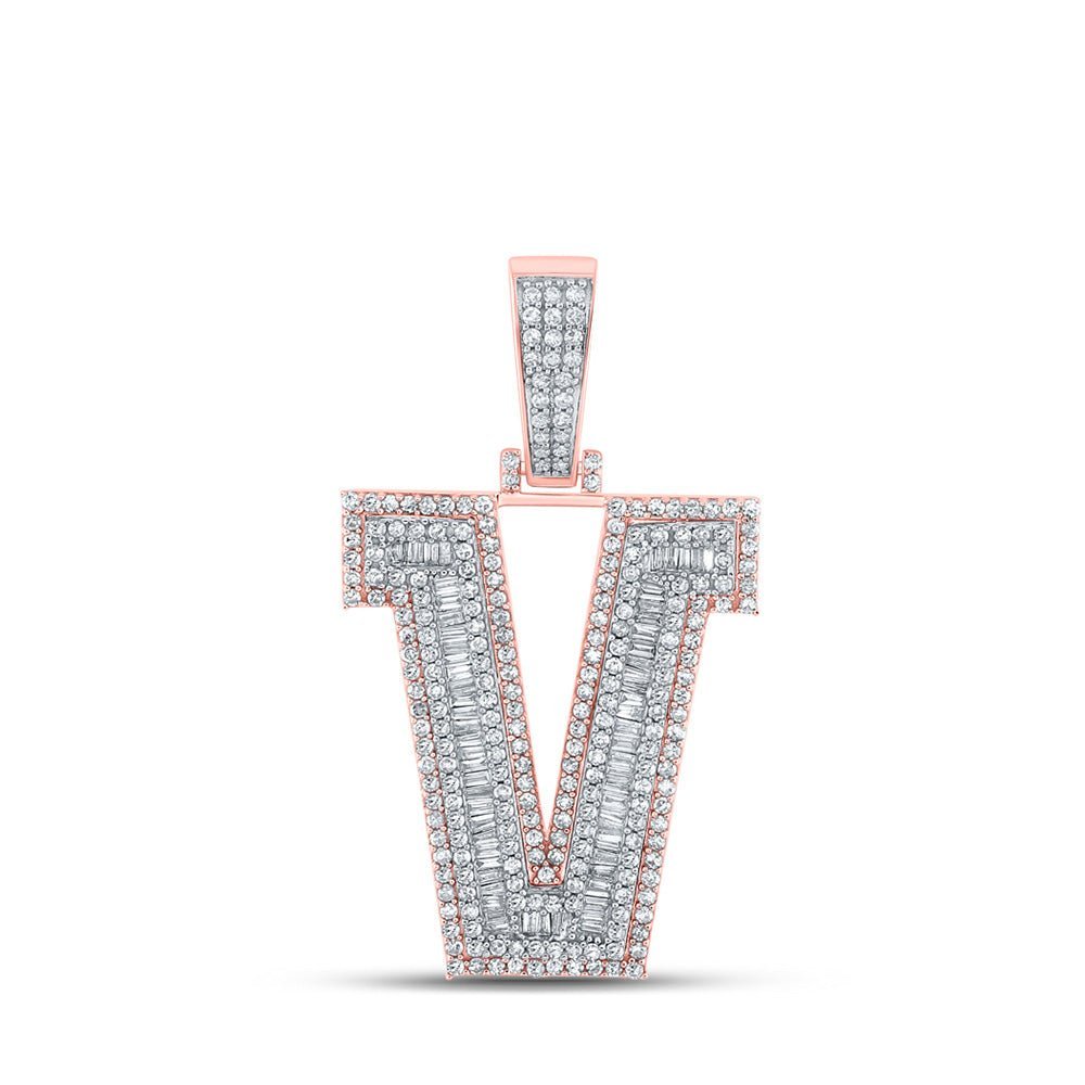 10kt Two - tone Gold Men's Baguette Diamond V Initial Charm Pendant - 2 Cttw - Splendid Jewellery