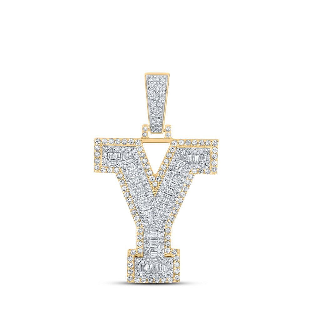 10kt Two - tone Gold Mens Baguette Diamond Y Initial Letter Charm Pendant - 1 - 5/8 Cttw | Splendid Jewellery - Splendid Jewellery