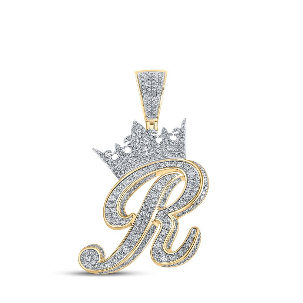 10kt Two - tone Gold Men's Diamond Crown R Letter Charm Pendant - 1 - 7/8 Cttw - Splendid Jewellery