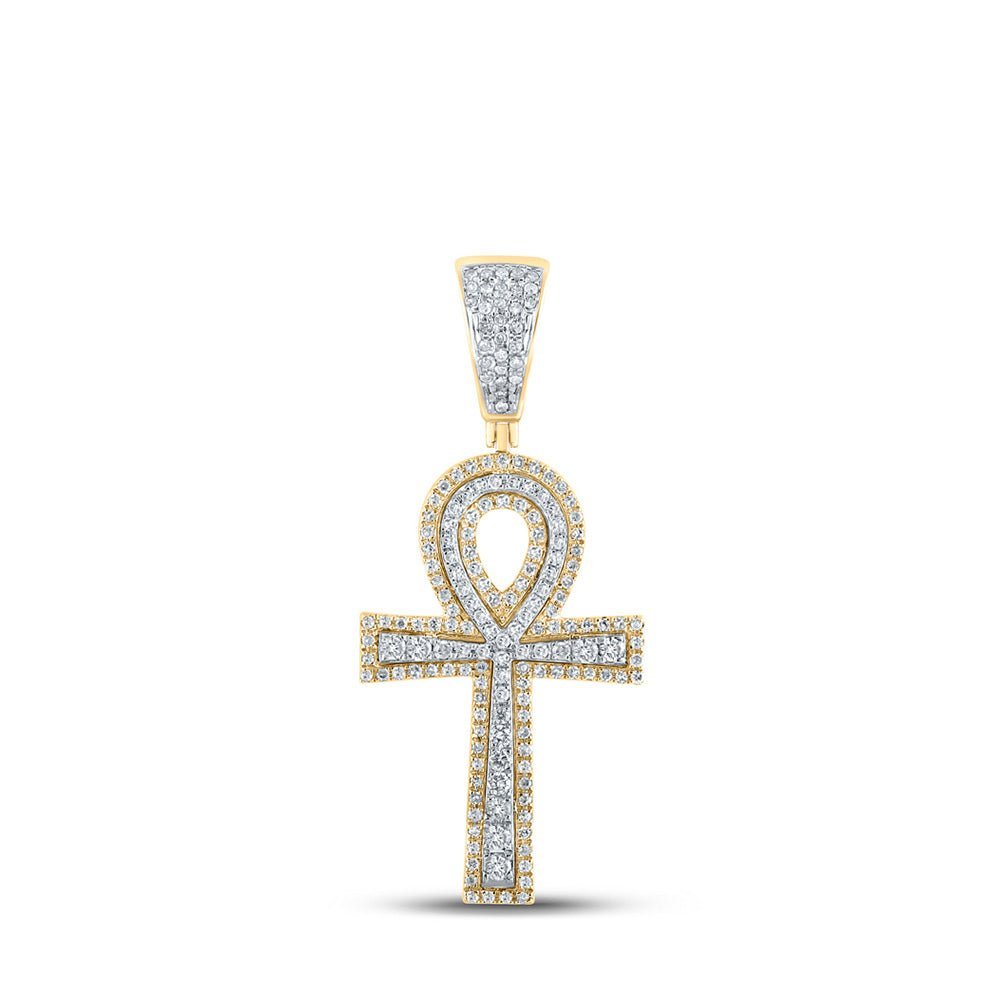 10kt Two - tone Gold Mens Round Diamond Ankh Cross Charm Pendant - Exquisite Masculine Elegance - Splendid Jewellery