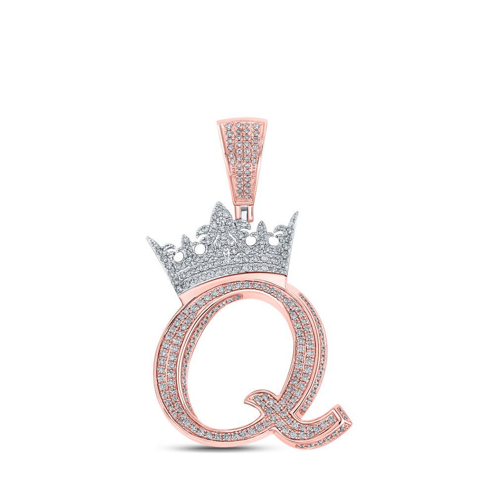 10kt Two - tone Gold Mens Round Diamond Crown Q Letter Charm Pendant 1 - 3/8 Cttw - Splendid Jewellery