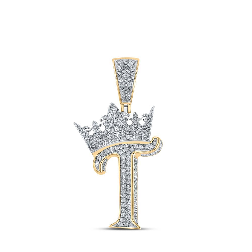 10kt Two - tone Gold Mens Round Diamond Crown T Letter Charm Pendant - 1 Cttw - Splendid Jewellery