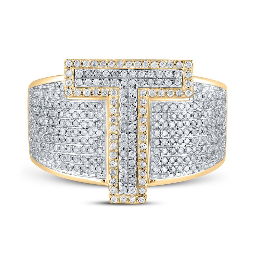 10kt Two - tone Gold Mens Round Diamond T Initial Letter Ring 1 - 1/5 Cttw - Splendid Jewellery
