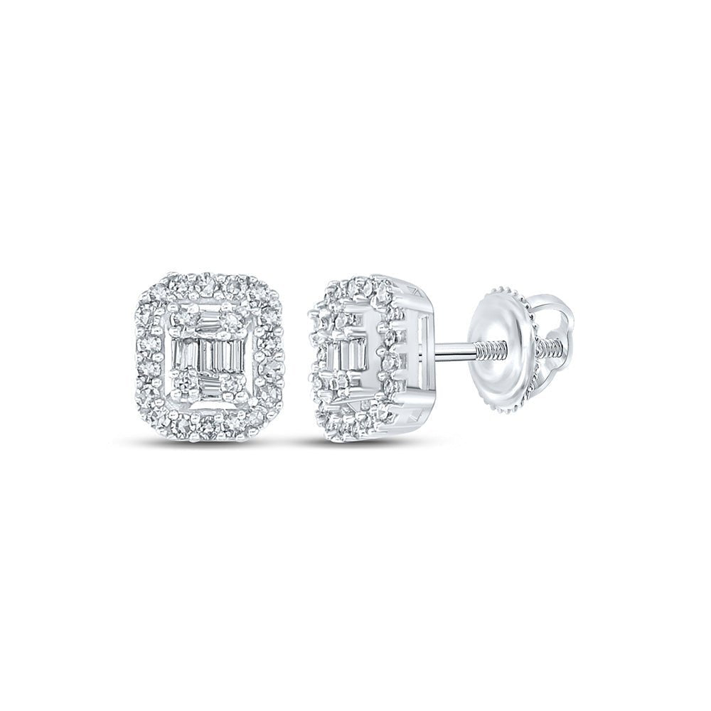 10kt White Gold Baguette and Round Diamond Cluster Earrings for Men - 1/4 Cttw - Splendid Jewellery