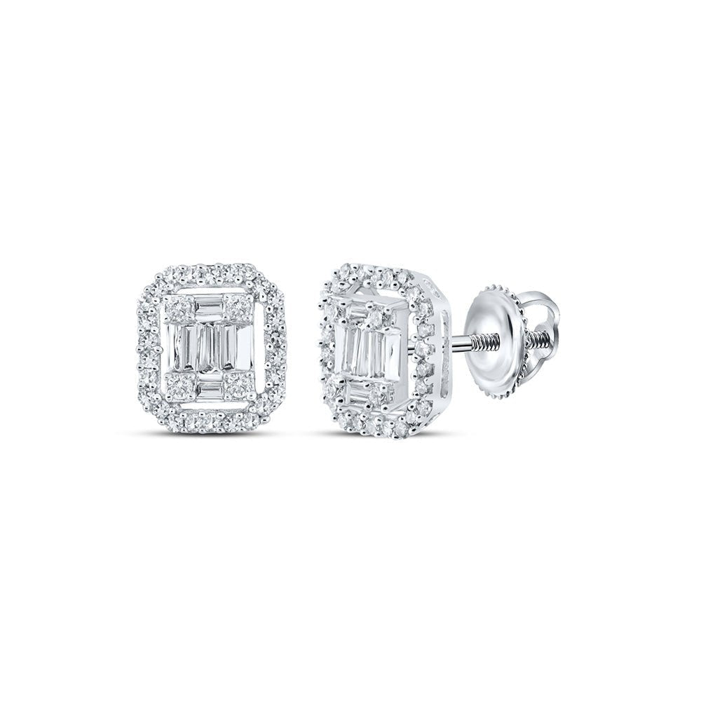 10kt White Gold Baguette and Round Diamond Cluster Earrings for Men - Splendid Jewellery