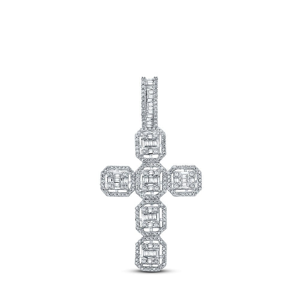 10kt White Gold Baguette and Round Diamond Cross Pendant - 1 Cttw - Splendid Jewellery