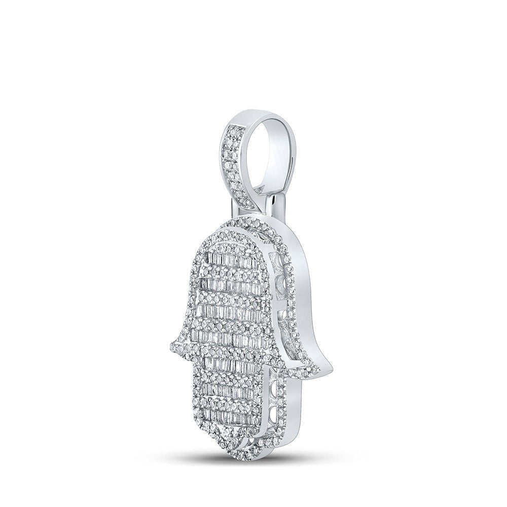 10kt White Gold Baguette Diamond Hamsa Charm Pendant for Men - 7/8 Cttw - Splendid Jewellery