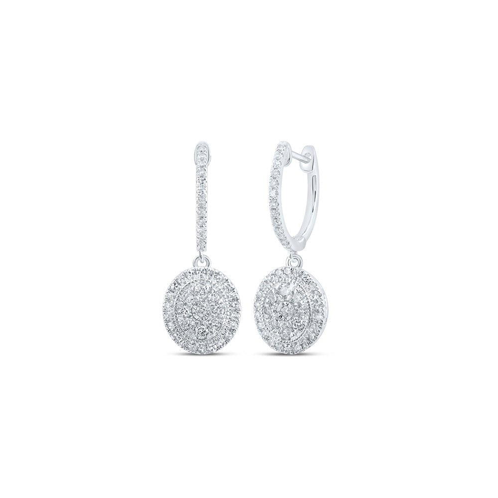 10kt White Gold Diamond Oval Dangle Hoop Earrings - Exquisite Elegance - Splendid Jewellery