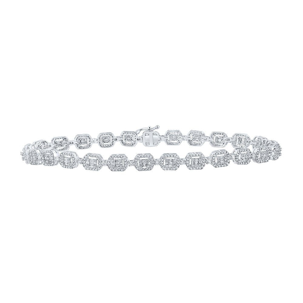 10kt White Gold Geometric Link Bracelet with Baguette and Round Diamonds - 3 Cttw - Splendid Jewellery