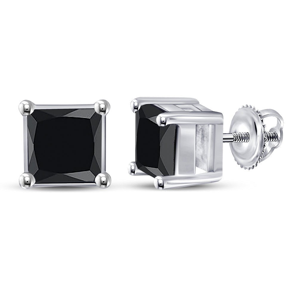 10kt White Gold Men's Princess Black Color Enhanced Diamond Stud Earrings 1 - 1/2 Cttw | Striking Black Diamond Majesty - Splendid Jewellery