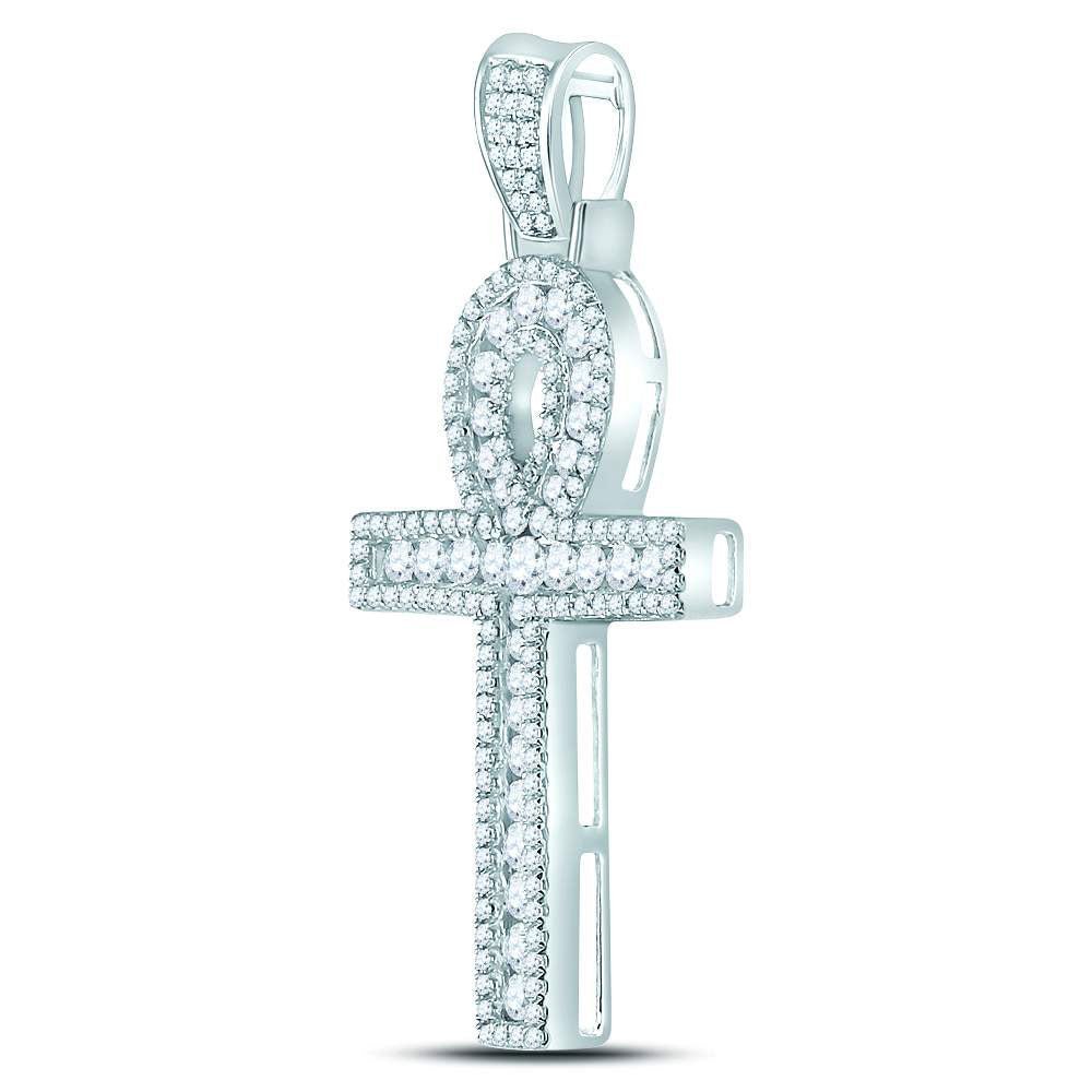 10kt White Gold Men's Round Diamond Ankh Cross Charm Pendant - 1 Cttw | Splendid Jewellery - Splendid Jewellery